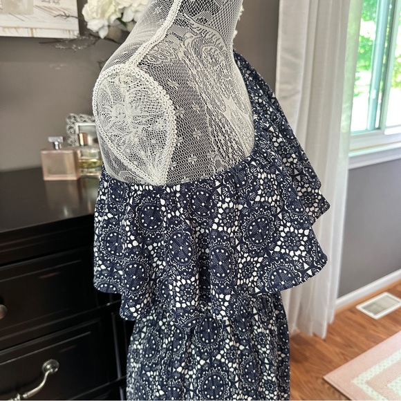 Allison Joy One Shoulder Ruffle Navy White Print Sundress Size M - Picture 11 of 16